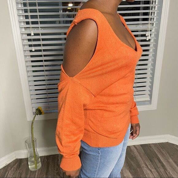 Vintage Orange Cutout Cold Shoulder Double V neck Sweater - Picture 12 of 12
